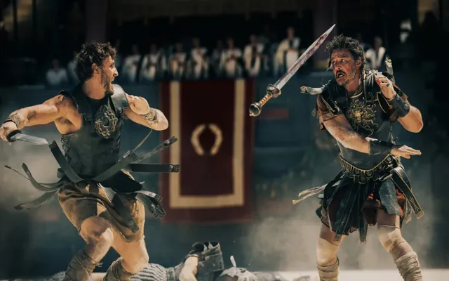 Paul Mescal đóng vai Lucius và Pedro Pascal đóng vai Marcus Acacius trong Gladiator II của Paramount Pictures.